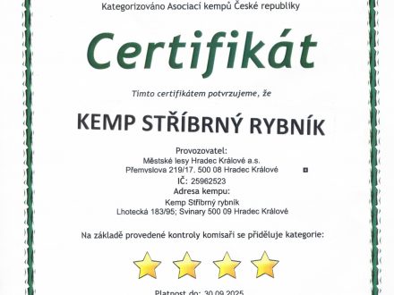 Náš kemp byl úspěšně certifikován Asociací kempů ČR jako 4 hvězdičkový