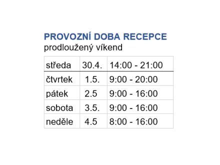 Provozní doba recepce - prodloužený víkend